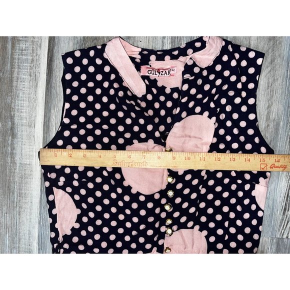 Shirt Waist Dress by Gul Zar Navy and Pink Polka Dots Size Large (42) - Picture 7 of 10